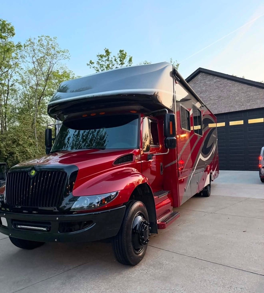 Red motorhome RV after full detail